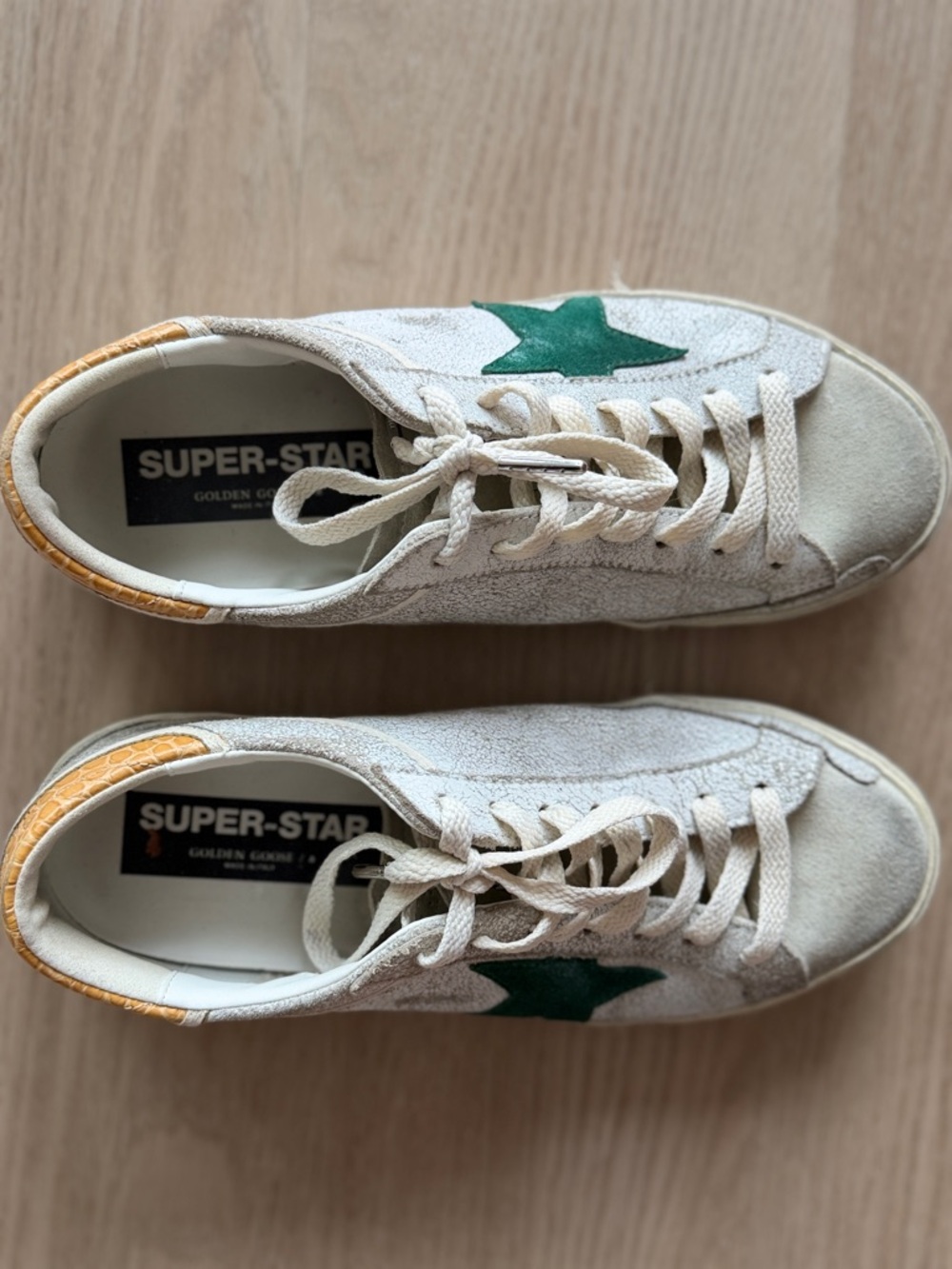 Golden Goose Super-Star Cream Sneakers with Green Star and Tan Heel - Picture 6 of 7